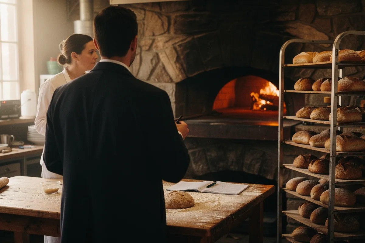 Un comptable, de dos, échange avec le boulanger dans le fournil, entre le plan de travail fariné et les pains qui refroidissent.